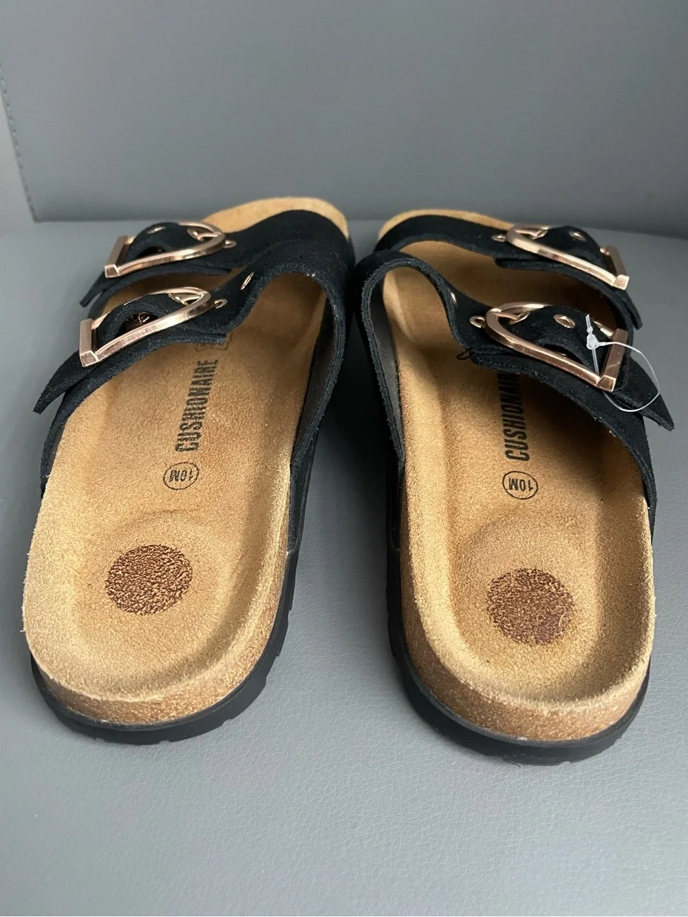 CUSHIONAIRE Black Suede Double Buckle Adjustable Slide Sandals Women 10W